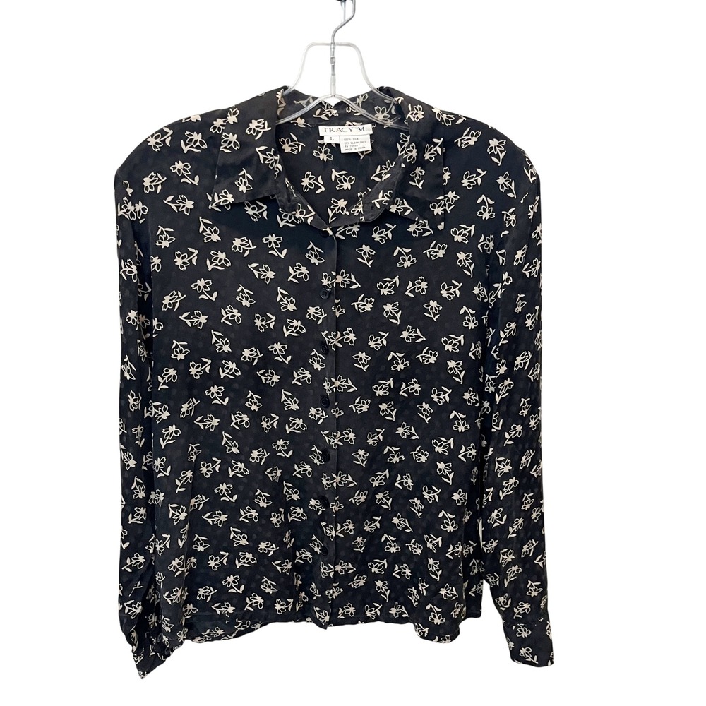Vintage Tracy M‎ Silk Floral Heart Blouse Black Cottagecore Button Down LARGE